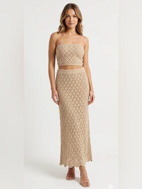 Freshman 1996 Matching 2pc Set Beige Crochet Skirt & Tube Top Size Medium